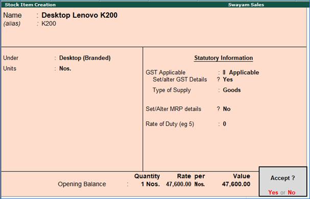 Stock Item in TallyERP9 Stock Item in TallyERP9